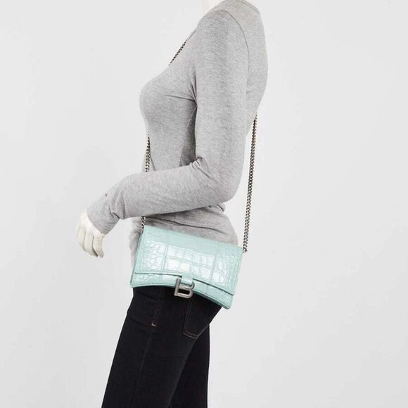 Balenciaga Light Green Croc Embossed Leather Soft Hourglass Wallet On Chain Bag - Picture 6 of 12
